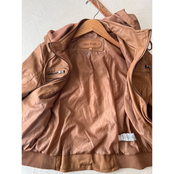 VTG Miss Posh Womens Size L Camel Vegan Faux Leather Zip Jacket Detachable Hood - Picture 11 of 13